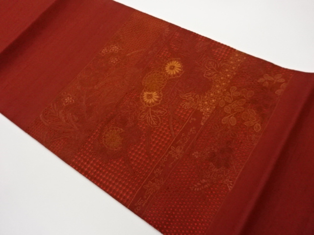 Hand Woven SILK Pongee Nagoya Belt with Open Chrysanthemum Pattern in Horizontal